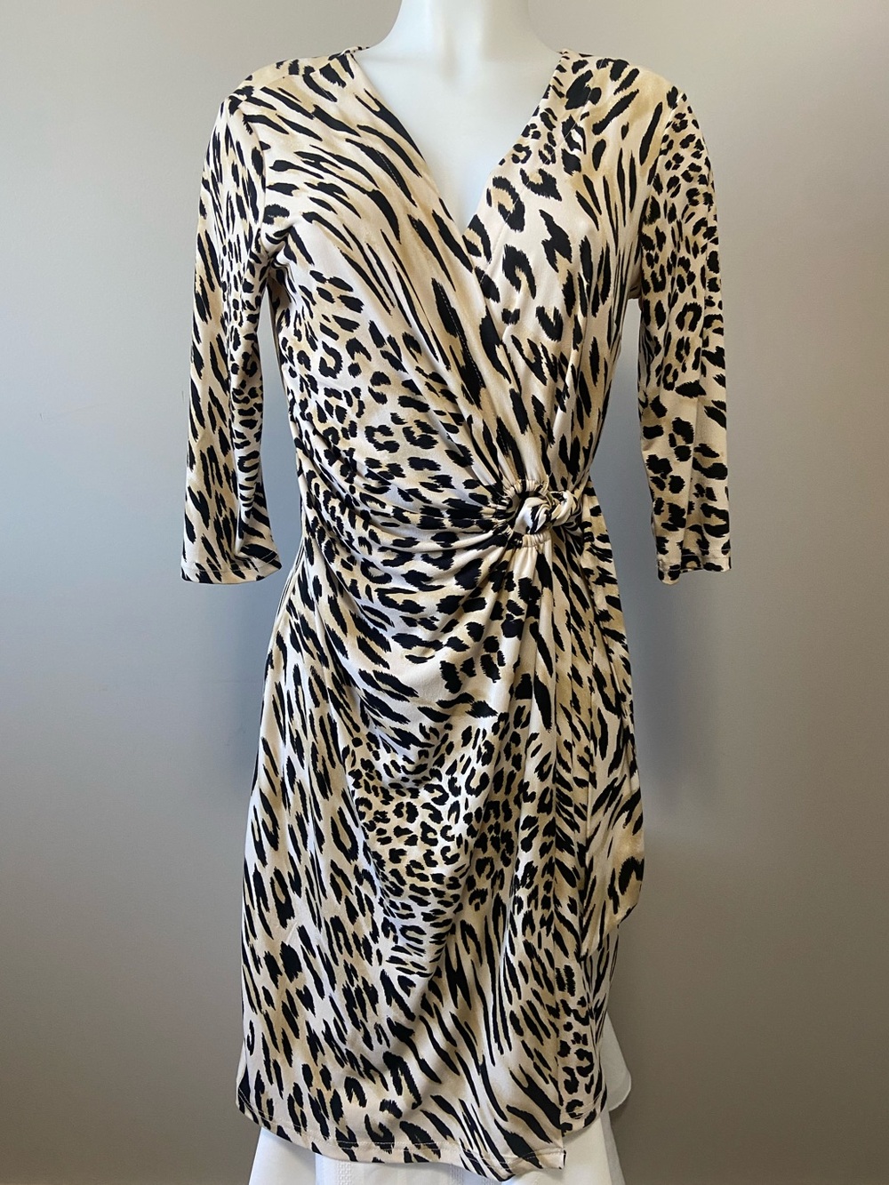 Nina Leonard Black and Cream Animal Print Wrap Dress